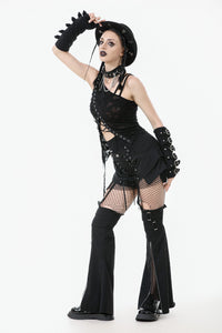 Asymmetrical Ripped  Punk Cut-Out Top with Straps and Lace-Up Detail TW651