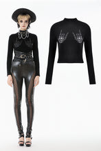Load image into Gallery viewer, Punk Skeleton Hand Leather Appliqué Embroidered Mock Neck Tee TW661