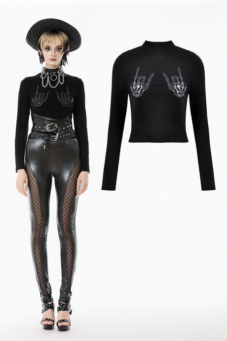 Punk Skeleton Hand Leather Appliqué Embroidered Mock Neck Tee TW661