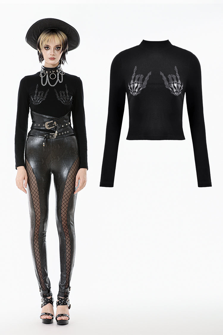 Punk Skeleton Hand Leather Appliqué Embroidered Mock Neck Tee TW661