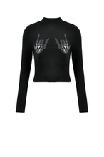 Load image into Gallery viewer, Punk Skeleton Hand Leather Appliqué Embroidered Mock Neck Tee TW661