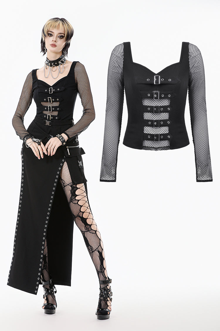Punk Knitted Top with Mesh Panels and Buckle Details TW663