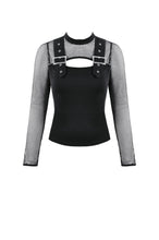 Load image into Gallery viewer, Punk Knitted Top with Mesh Overlay and Shoulder Buckle Details TW665