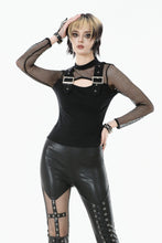 Load image into Gallery viewer, Punk Knitted Top with Mesh Overlay and Shoulder Buckle Details TW665
