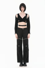 Load image into Gallery viewer, Punk Dark-Wear Hooded Crop Top with Cold-Shoulde and Metallic Pin-Chain Accents TW687