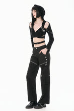 Load image into Gallery viewer, Punk Dark-Wear Hooded Crop Top with Cold-Shoulde and Metallic Pin-Chain Accents TW687