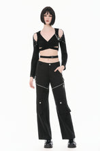 Load image into Gallery viewer, Punk Dark-Wear Hooded Crop Top with Cold-Shoulde and Metallic Pin-Chain Accents TW687