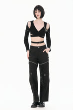 Load image into Gallery viewer, Punk Dark-Wear Hooded Crop Top with Cold-Shoulde and Metallic Pin-Chain Accents TW687