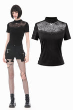 Load image into Gallery viewer, Gothic Black Short Sleeve Top with Sheer Spiderweb Mesh and Silver Spider Ornament TW703