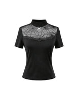 Load image into Gallery viewer, Gothic Black Short Sleeve Top with Sheer Spiderweb Mesh and Silver Spider Ornament TW703