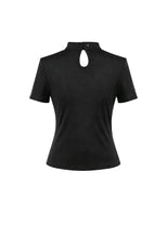 Load image into Gallery viewer, Gothic Black Short Sleeve Top with Sheer Spiderweb Mesh and Silver Spider Ornament TW703