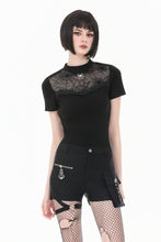 Load image into Gallery viewer, Gothic Black Short Sleeve Top with Sheer Spiderweb Mesh and Silver Spider Ornament TW703