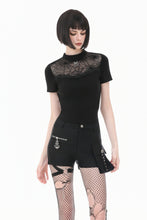Load image into Gallery viewer, Gothic Black Short Sleeve Top with Sheer Spiderweb Mesh and Silver Spider Ornament TW703