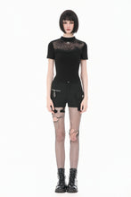 Load image into Gallery viewer, Gothic Black Short Sleeve Top with Sheer Spiderweb Mesh and Silver Spider Ornament TW703