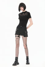 Load image into Gallery viewer, Gothic Black Short Sleeve Top with Sheer Spiderweb Mesh and Silver Spider Ornament TW703