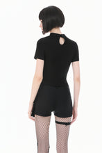 Load image into Gallery viewer, Gothic Black Short Sleeve Top with Sheer Spiderweb Mesh and Silver Spider Ornament TW703