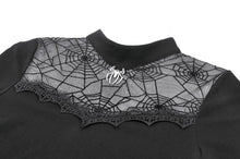 Load image into Gallery viewer, Gothic Black Short Sleeve Top with Sheer Spiderweb Mesh and Silver Spider Ornament TW703