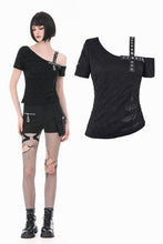 Load image into Gallery viewer, Punk Asymmetric Top with Studded Cross Straps and Sheer Mesh Insets TW705