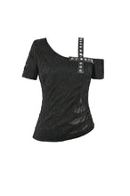 Load image into Gallery viewer, Punk Asymmetric Top with Studded Cross Straps and Sheer Mesh Insets TW705