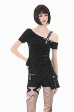 Load image into Gallery viewer, Punk Asymmetric Top with Studded Cross Straps and Sheer Mesh Insets TW705