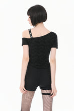 Load image into Gallery viewer, Punk Asymmetric Top with Studded Cross Straps and Sheer Mesh Insets TW705