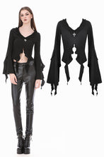 Load image into Gallery viewer, Gothic Cross Decor Irregular Split Ruffled Bell-Sleeve Knit Top TW708