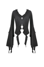 Load image into Gallery viewer, Gothic Cross Decor Irregular Split Ruffled Bell-Sleeve Knit Top TW708