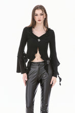 Load image into Gallery viewer, Gothic Cross Decor Irregular Split Ruffled Bell-Sleeve Knit Top TW708