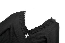 Load image into Gallery viewer, Gothic Cross Decor Irregular Split Ruffled Bell-Sleeve Knit Top TW708