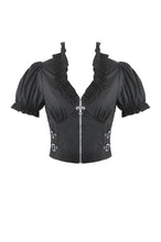 Load image into Gallery viewer, Goth Punk Cross-Zip Buckled Waist Ruffle Puff Sleeve Crop Top TW710