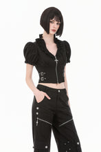 Load image into Gallery viewer, Goth Punk Cross-Zip Buckled Waist Ruffle Puff Sleeve Crop Top TW710