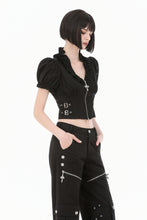 Load image into Gallery viewer, Goth Punk Cross-Zip Buckled Waist Ruffle Puff Sleeve Crop Top TW710