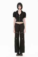 Load image into Gallery viewer, Goth Punk Cross-Zip Buckled Waist Ruffle Puff Sleeve Crop Top TW710