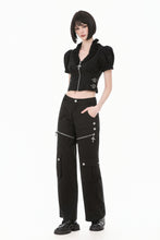 Load image into Gallery viewer, Goth Punk Cross-Zip Buckled Waist Ruffle Puff Sleeve Crop Top TW710