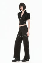 Load image into Gallery viewer, Goth Punk Cross-Zip Buckled Waist Ruffle Puff Sleeve Crop Top TW710
