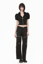 Load image into Gallery viewer, Goth Punk Cross-Zip Buckled Waist Ruffle Puff Sleeve Crop Top TW710