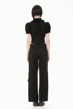 Load image into Gallery viewer, Goth Punk Cross-Zip Buckled Waist Ruffle Puff Sleeve Crop Top TW710