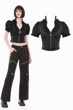 Load image into Gallery viewer, Goth Punk Cross-Zip Buckled Waist Ruffle Puff Sleeve Crop Top TW710
