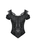 Load image into Gallery viewer, Gothic Court-Style Top with Damask Jacquard, Lace Trim, 3D Roses and Cinched Waist TW711