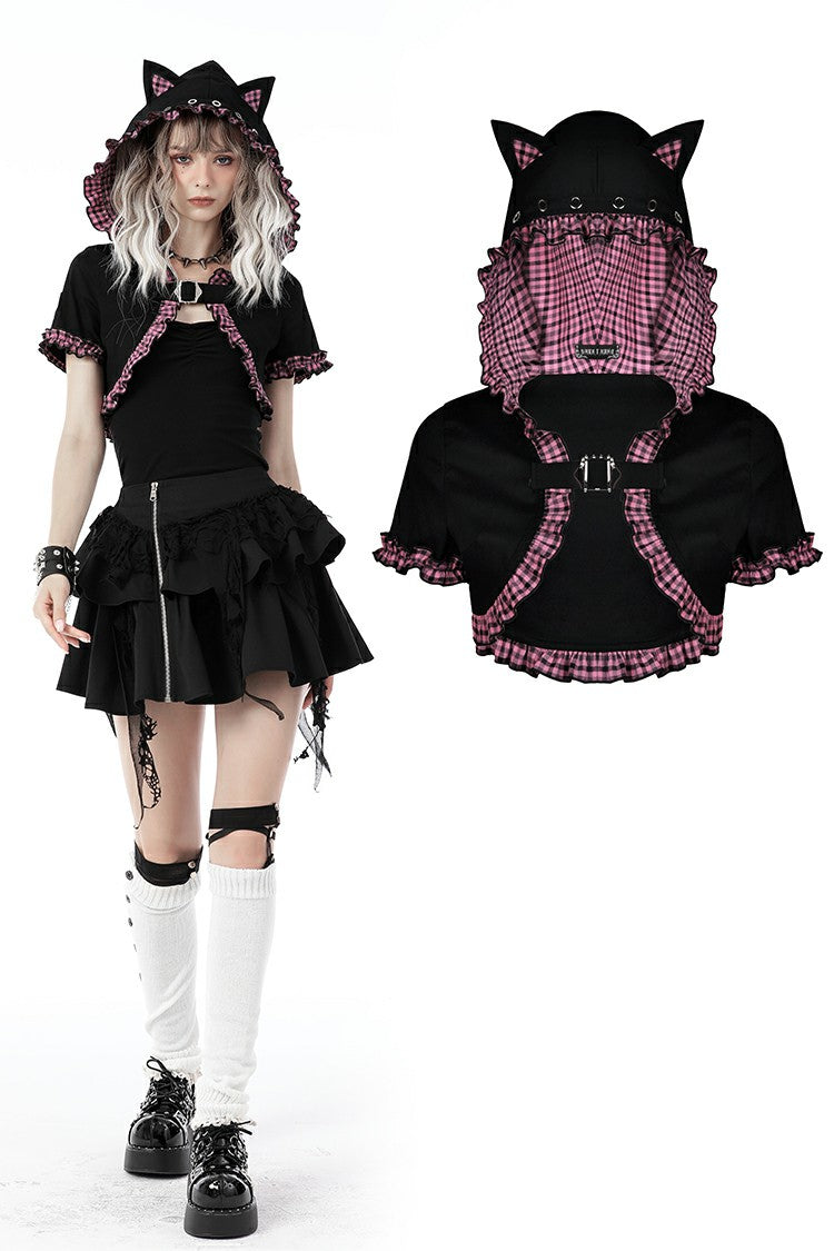 loca♡ Gothic lolita pink plaid cat ear hoody cape BW105 – DARK IN LOVE