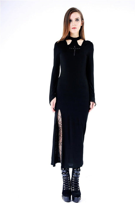 Gothic long knitted hooded dress with hollow out cross DW148 - Gothlolibeauty