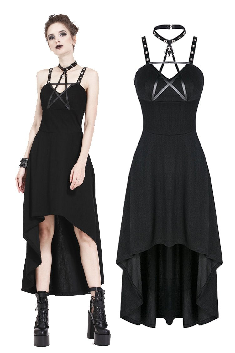 Punk knitted high-low dress with leather star across neck DW184 - Gothlolibeauty