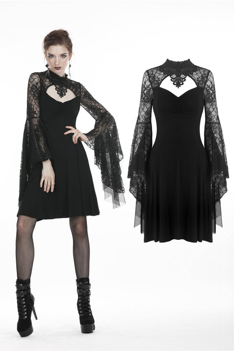 Gothic flower neck lace mesh sleeves dress DW280 - Gothlolibeauty