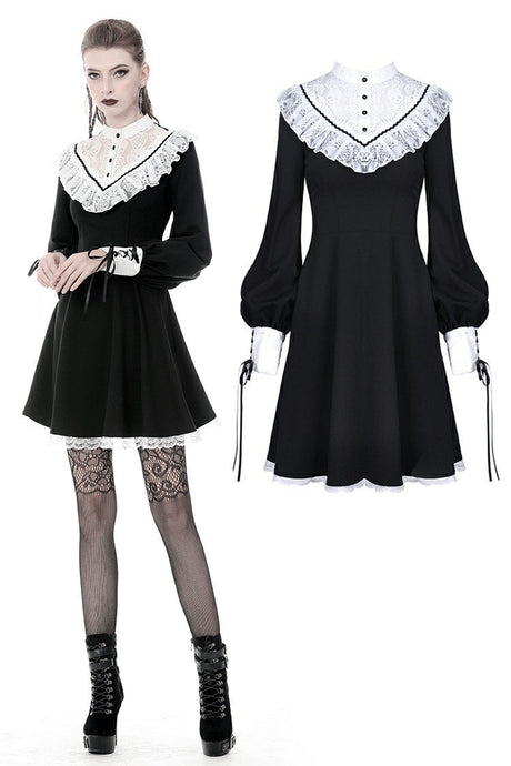 Ladies black lolita dress with white inverted triangle lace front  DW355