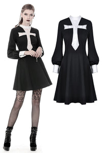 Gothic vintage black dress with a big white skull cross front DW356