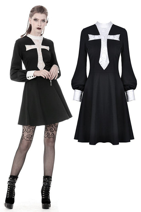 Gothic vintage black dress with a big white skull cross front DW356