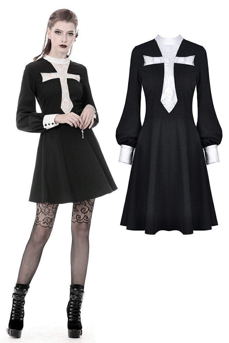 Gothic vintage black dress with a big white skull cross front DW356