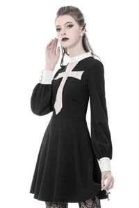 Gothic vintage black dress with a big white skull cross front DW356