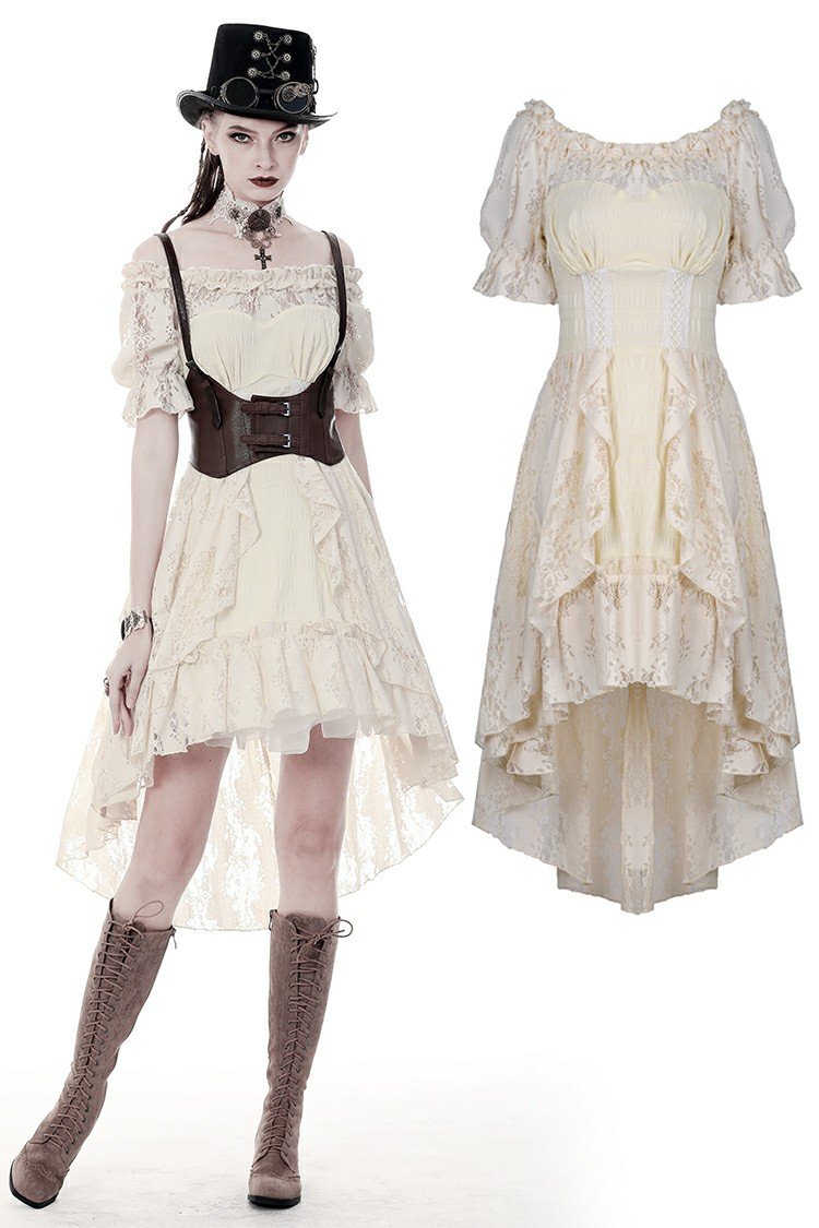 Steampunk beige cocktail short sleeves dress DW358