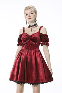 Gothic lady off shoulder velvet wine red party dress DW541RD